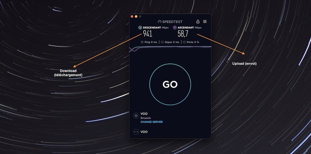 Speedtest réalisé avec VOObusiness à Bruxelles avec une connexion GIGA 1 Gbps et un upload supérieur à 50 Mbps
