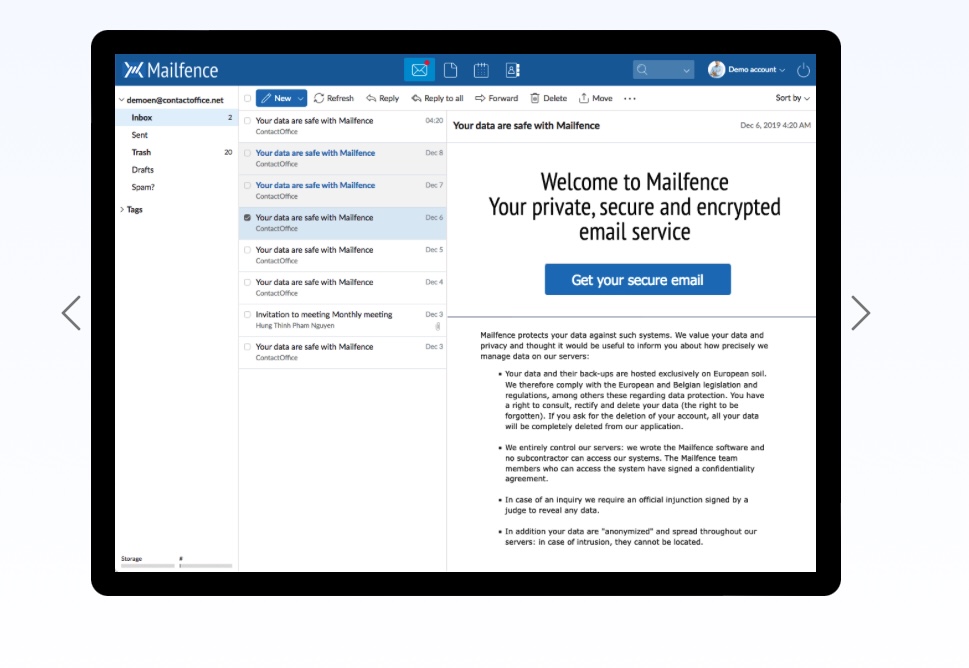 Capture d'écran de l'email sécurisé de Mailfence