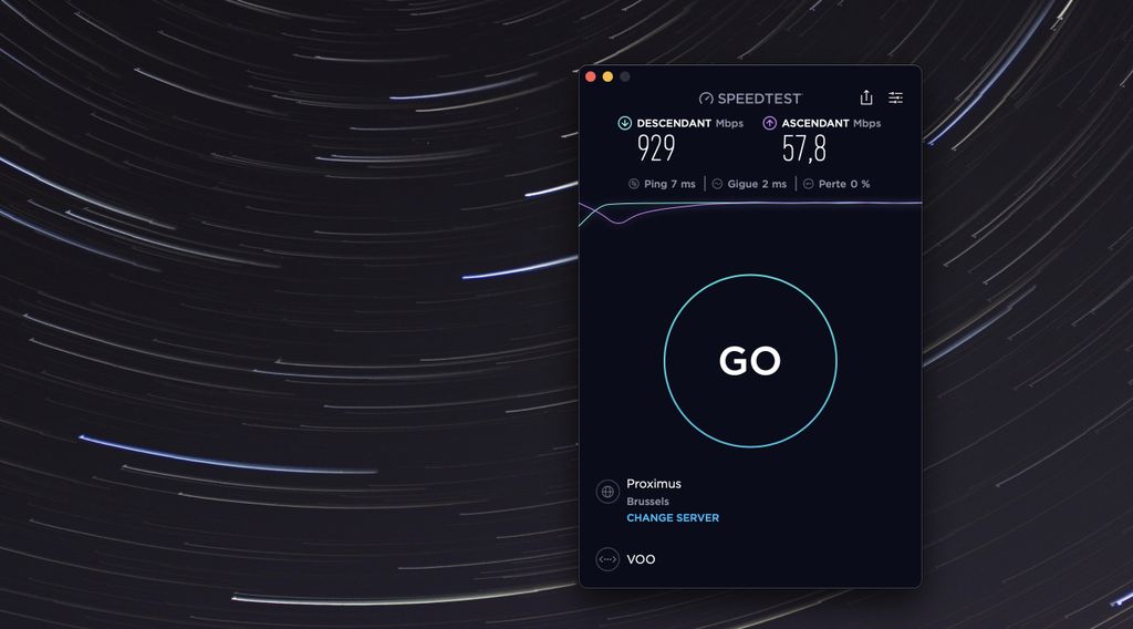 Speedtest VOO à Bruxelles sur un serveur Proximus avec une connexion 1 Gbps et 50 Mbps upload