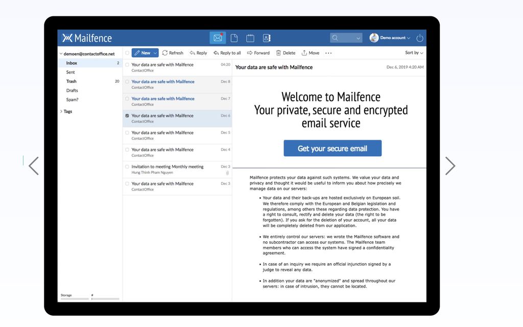Interface de Mailfence service e-mail gratuit sécurisé en Belgique