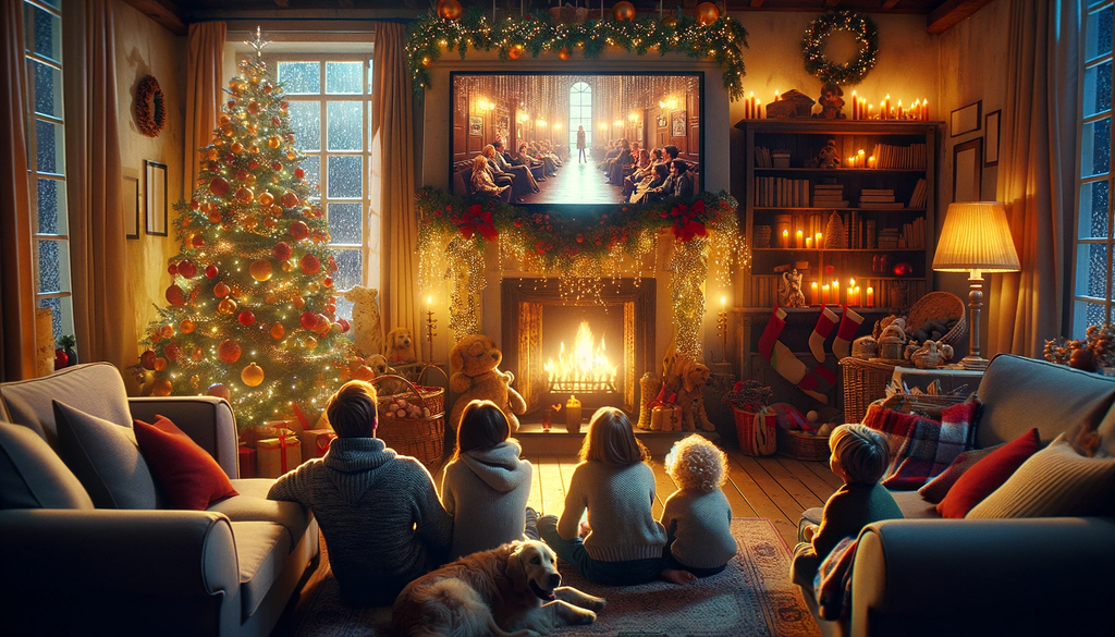 Une scène chaleureuse dans un salon, vue depuis le fond de la pièce, avec une famille en Wallonie regardant un film de Noël à la télévision. Le salon est décoré pour les fêtes avec des guirlandes, un sapin de Noël, et une lumière douce, créant une ambiance festive et accueillante.