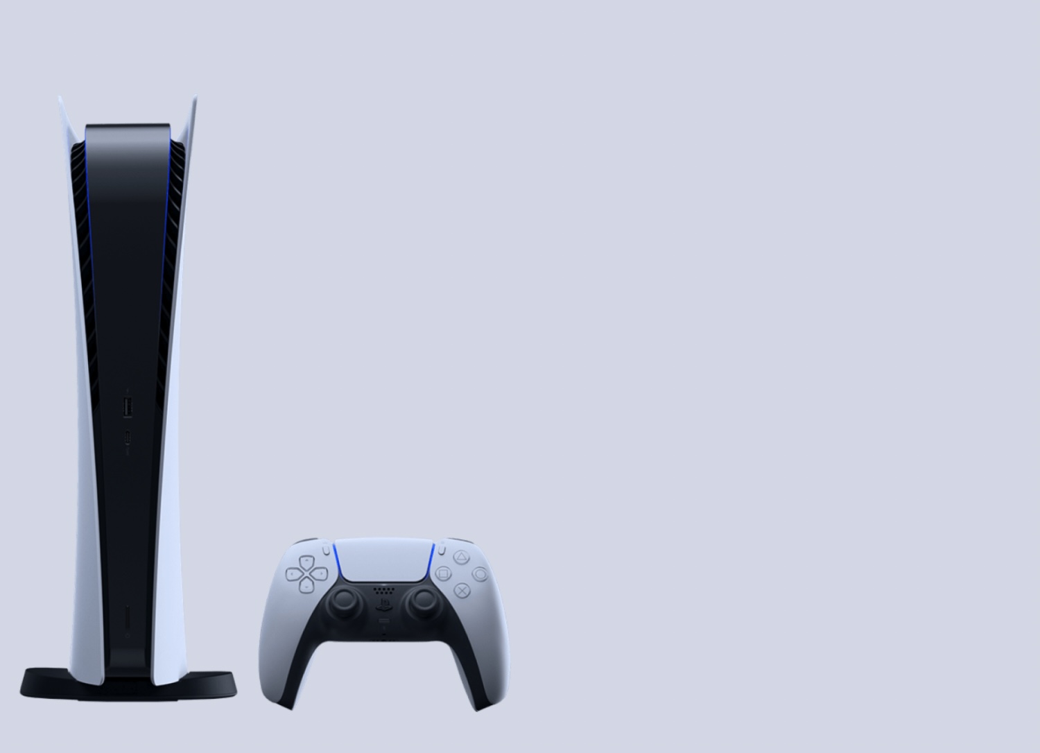 Vue de face de Playstation 5 Digital Edition avec manette de jeu