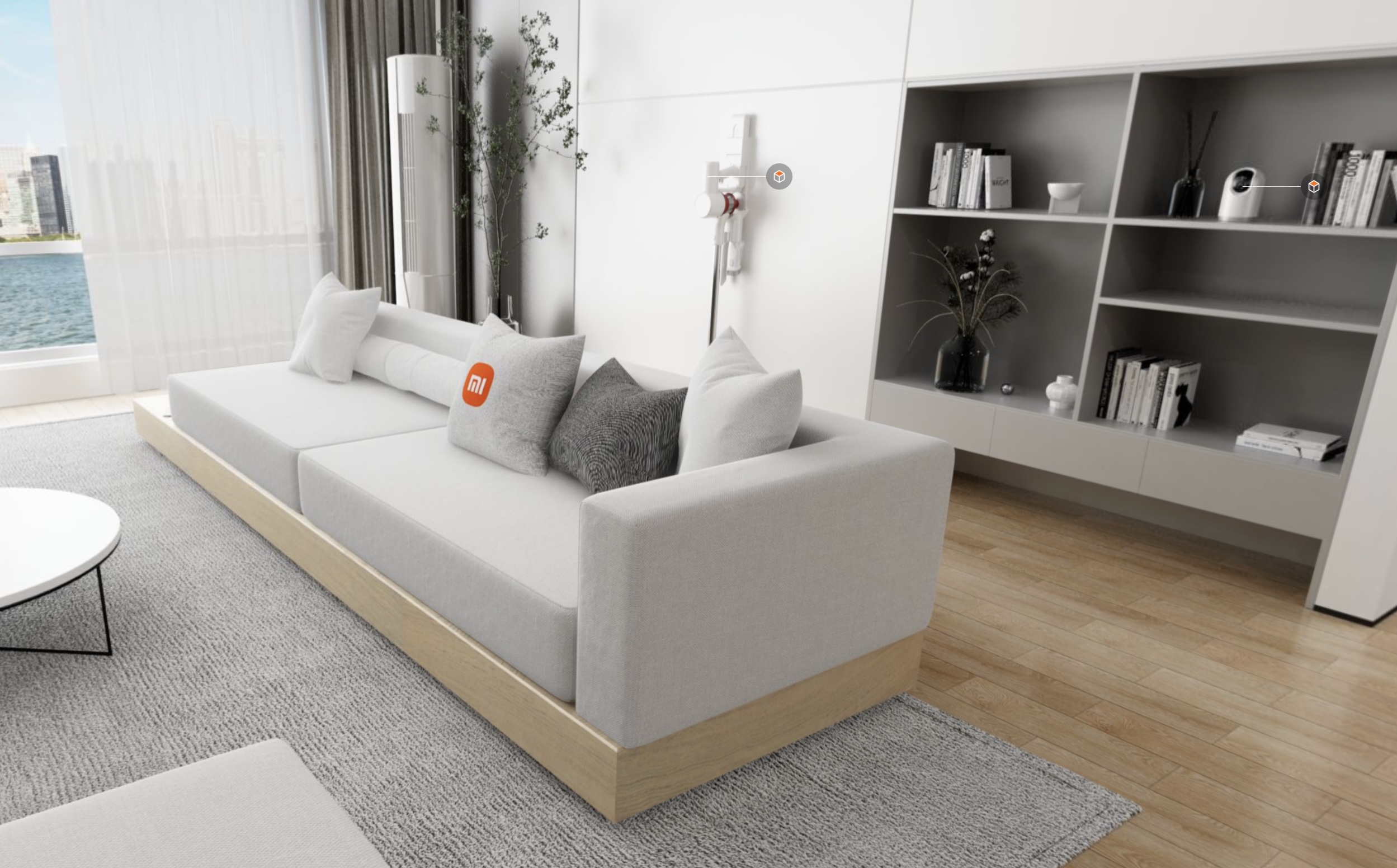 Illustration d'un salon avec des objets connectés pour la smart home de marque Xiaomi